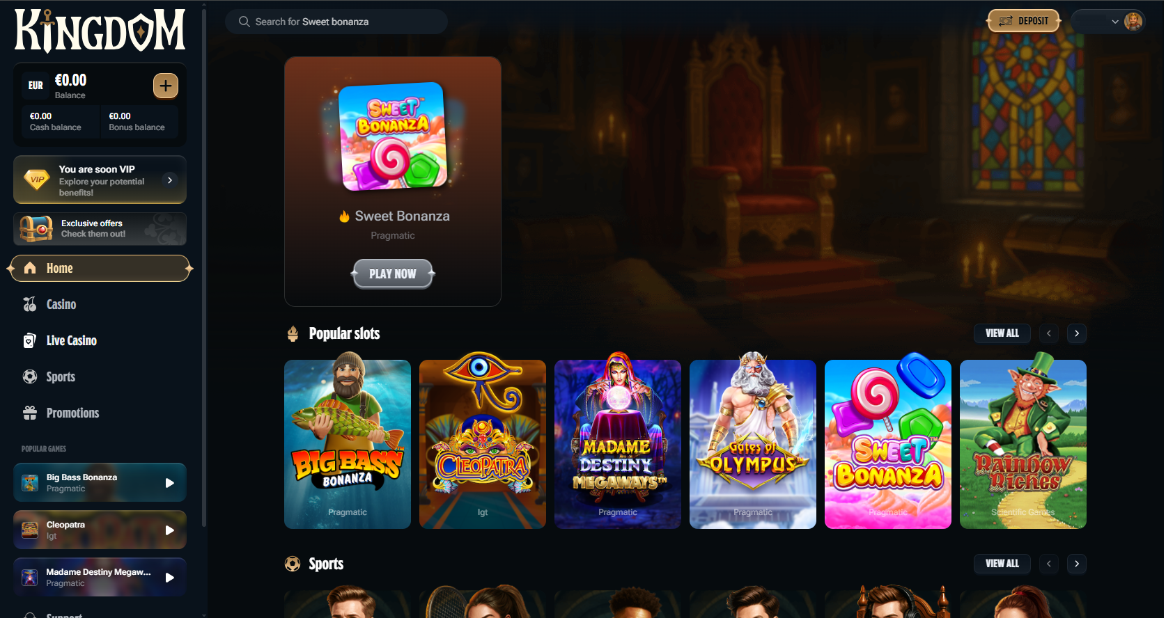Kingdom Casino Homepage Screenshot